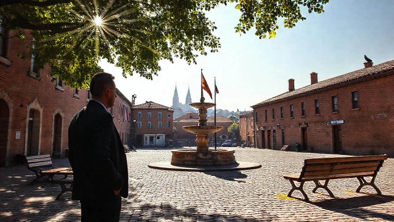 Plaza serena y silenciosa bajo el sol