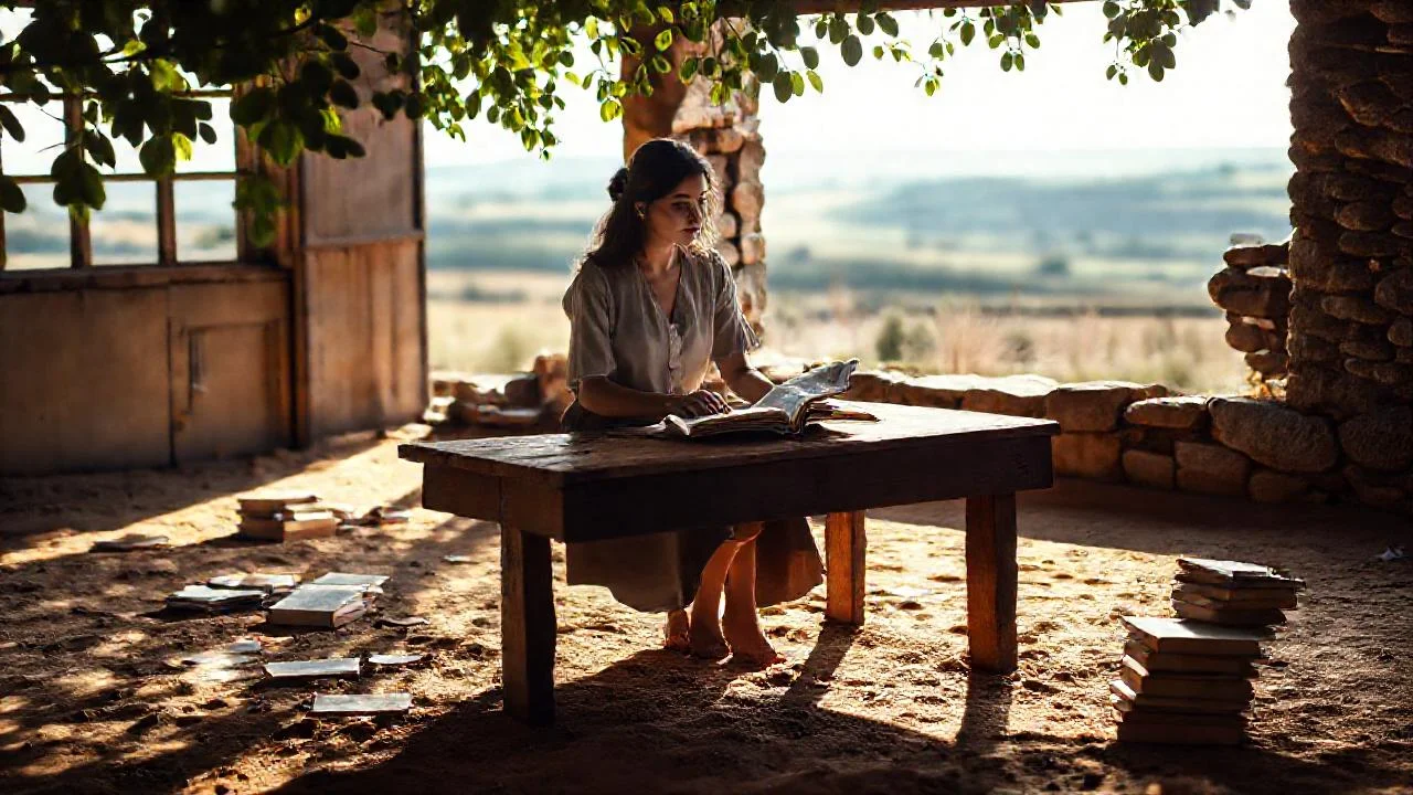 Una joven lee, en quietud rural