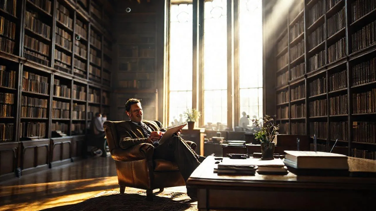 Un hombre lee en biblioteca tranquila