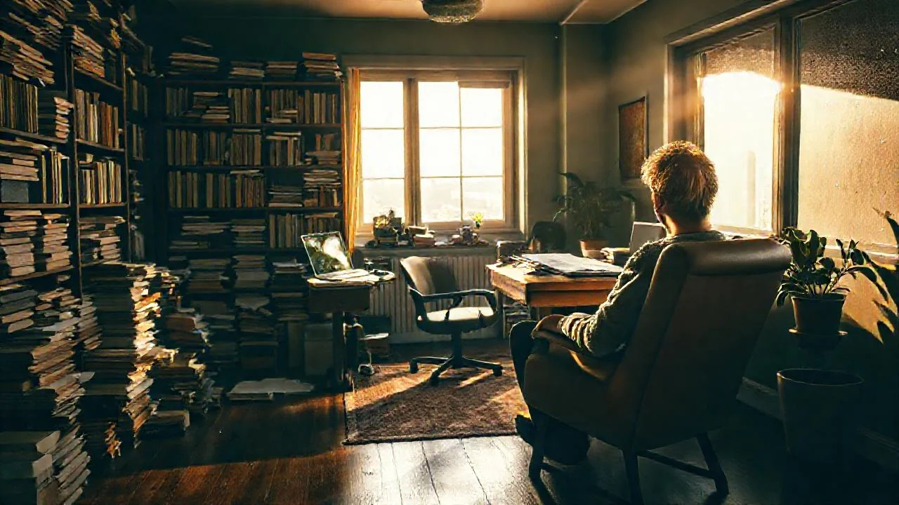 Un hombre trabaja en un estudio iluminado