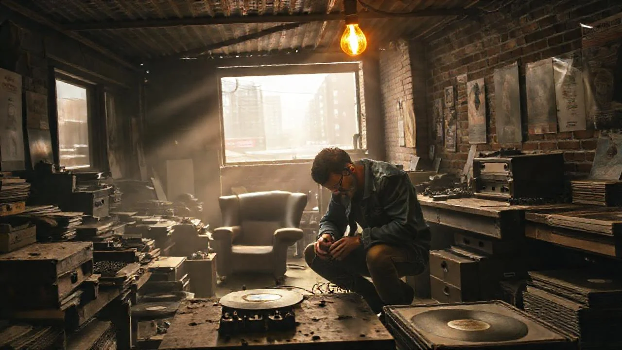 Un hombre trabaja en un taller sombrío