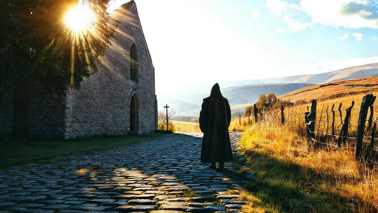 Silencio rural, luz cálida, iglesia antigua