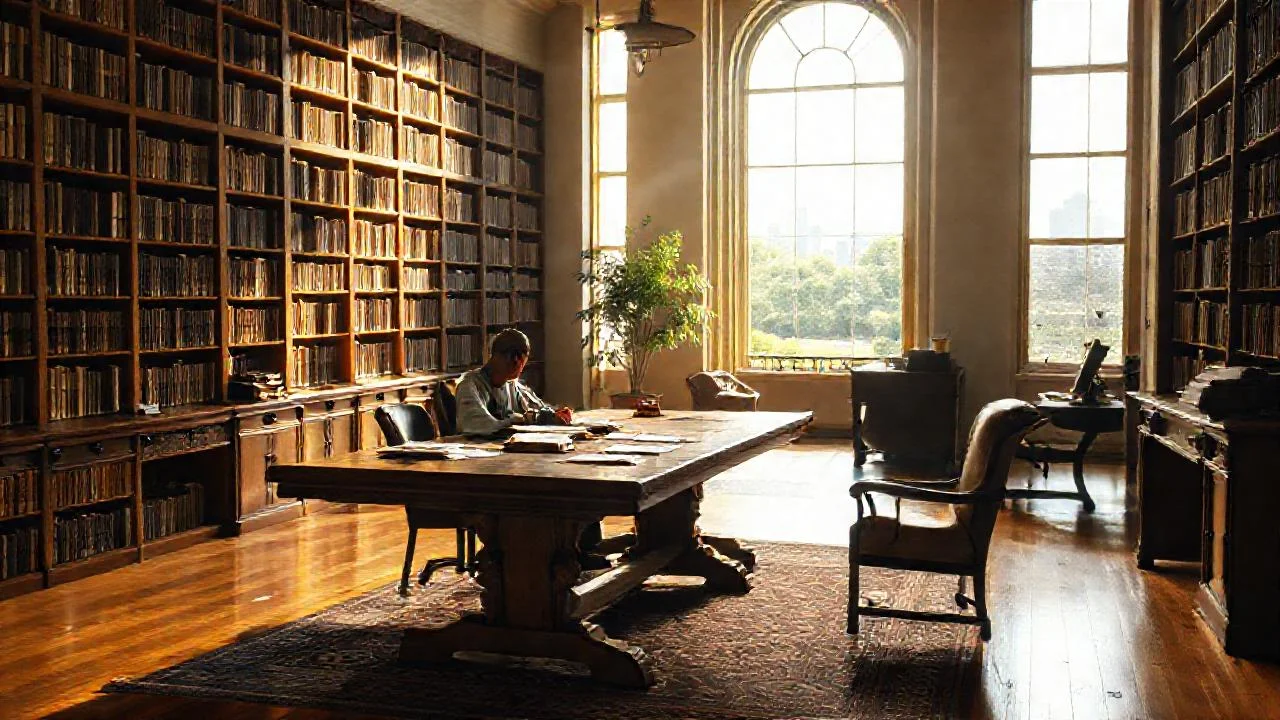 Un hombre lee en una biblioteca tranquila