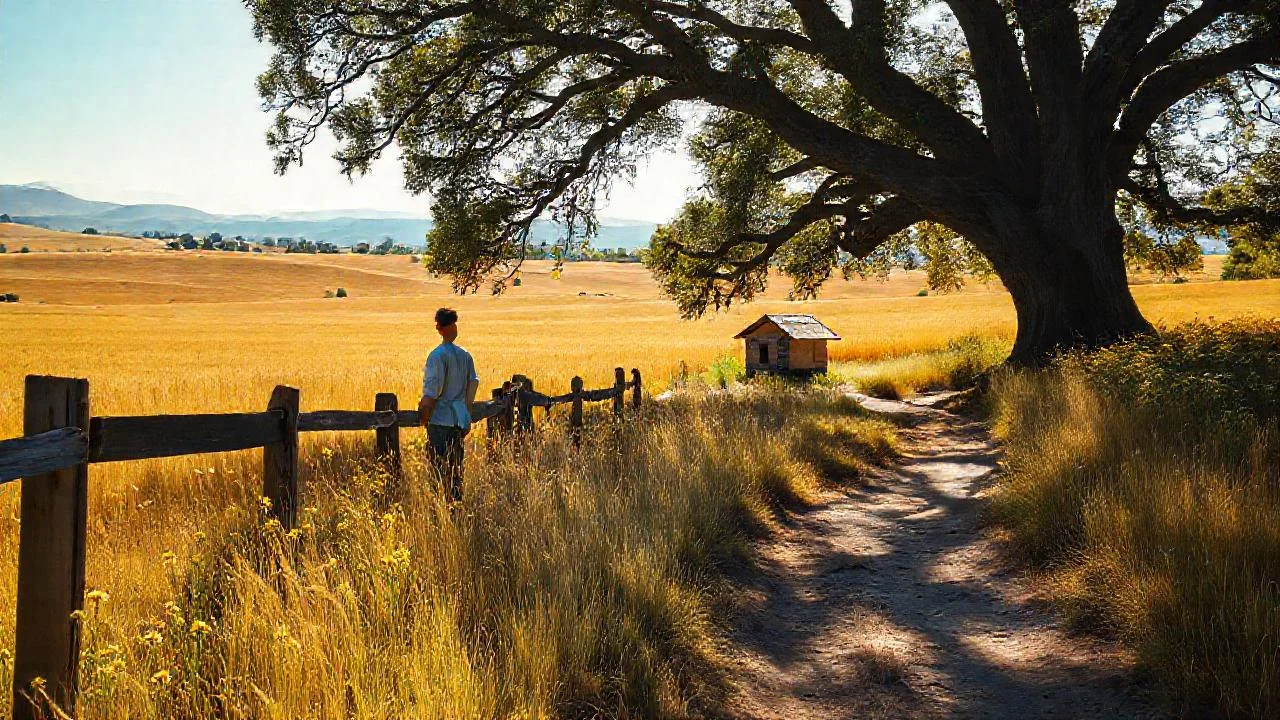Campo dorado, figura tranquila, luz serena