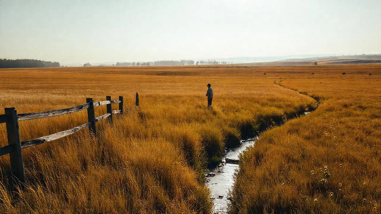 Campo extenso, luz dorada, figura solitaria