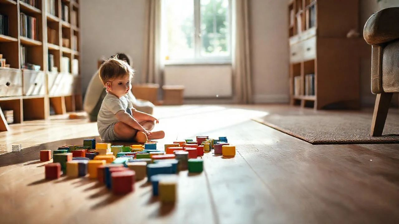 Un niño juega en un salón tranquilo
