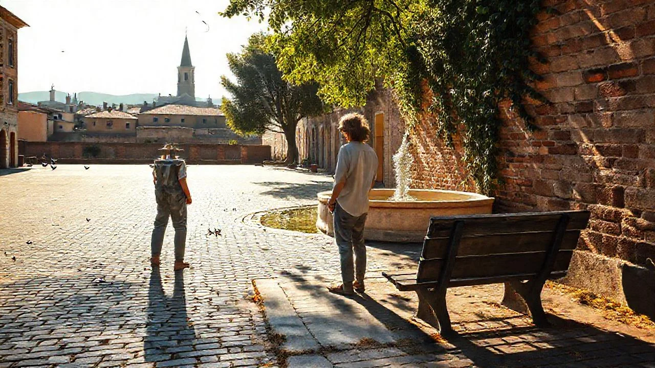 Plaza tranquila, luz dorada, quietud serena