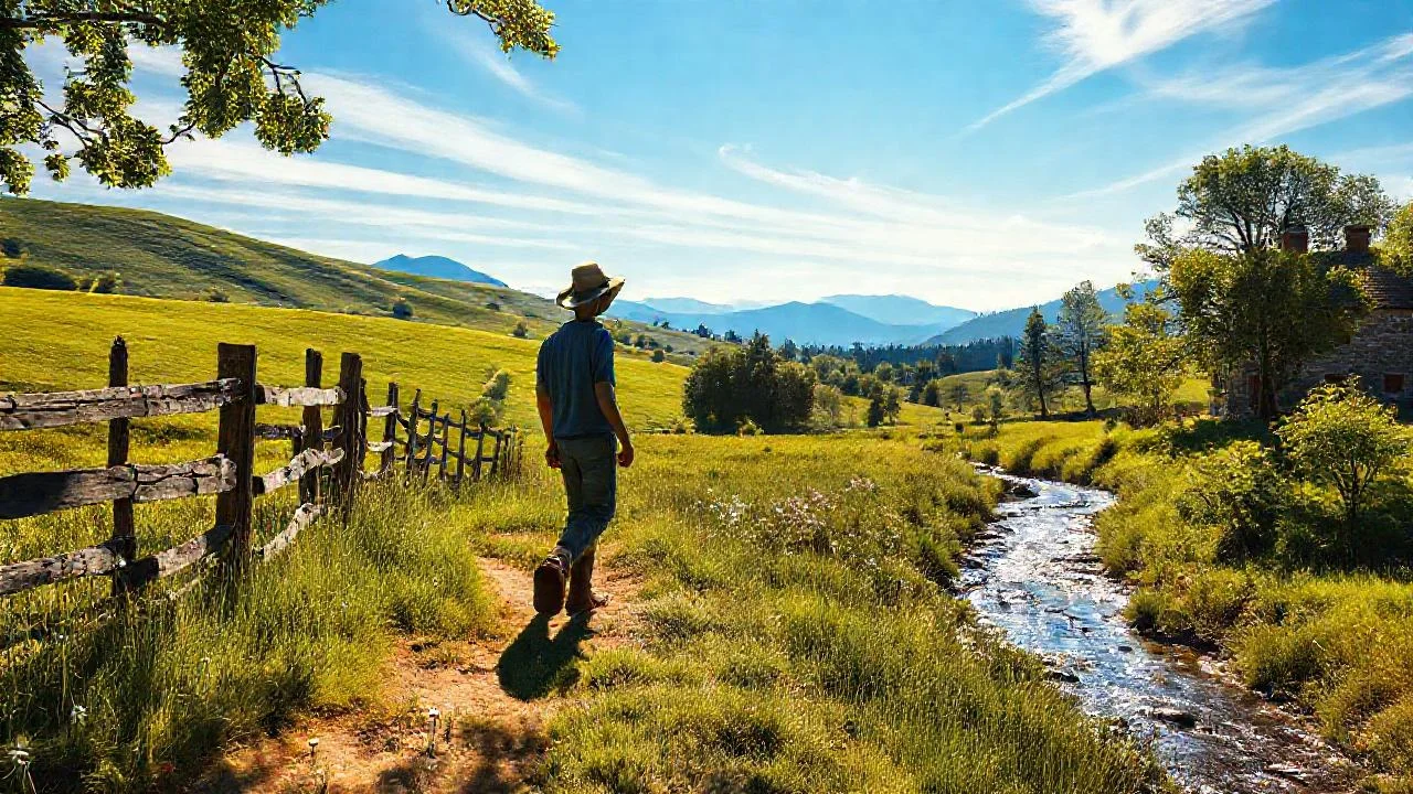 Campo sereno, figura solitaria y tranquilo