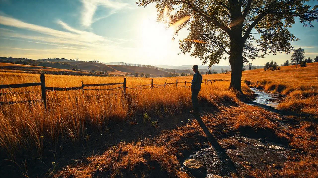 Sol tranquilo, campo sereno y figura solitaria