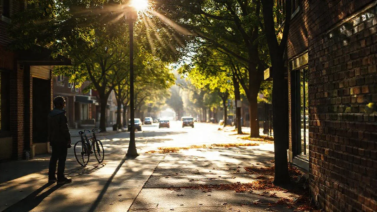 Ciudad tranquila, luz y sombras suaves
