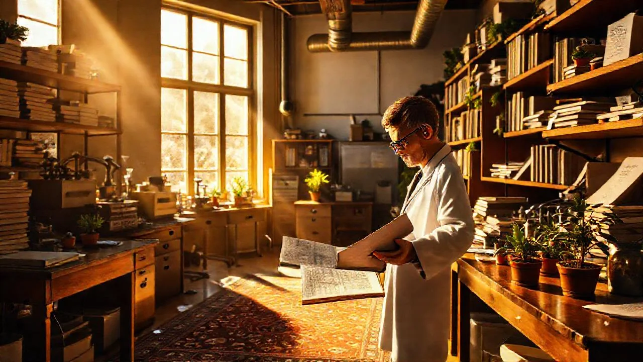 Un científico estudia en laboratorio iluminado
