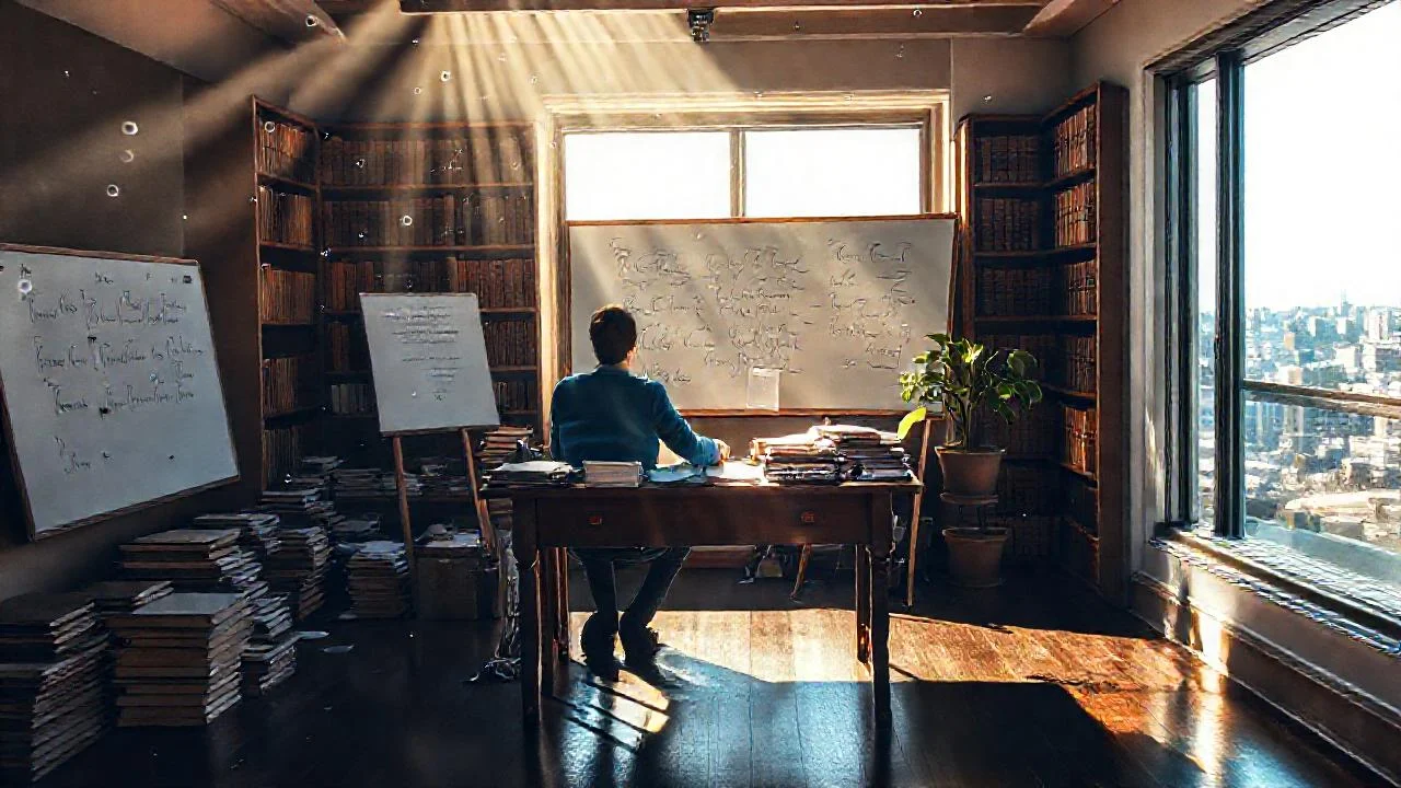 Un escritor estudia fórmulas bajo luz tenue