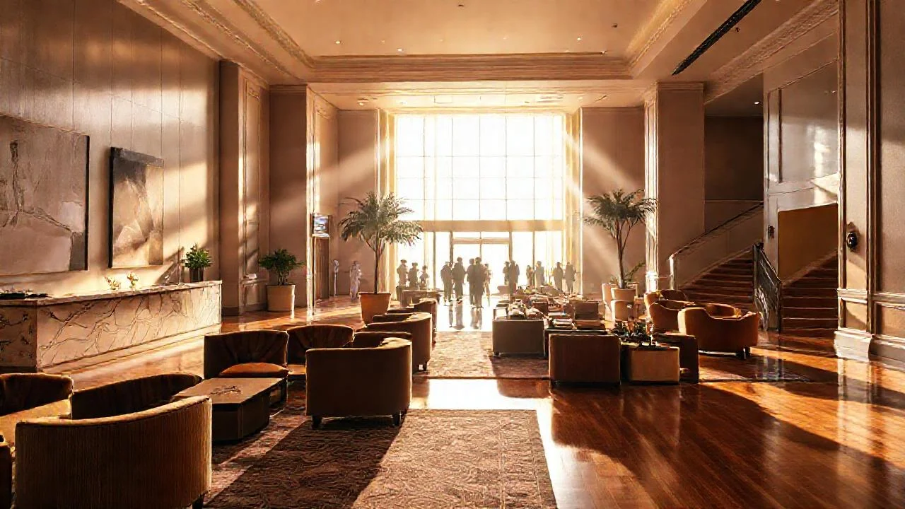 Lobby hotelera radiante y acogedora