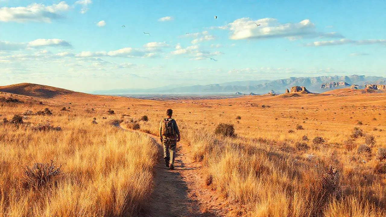 Un solitario camina en la vasta llanura