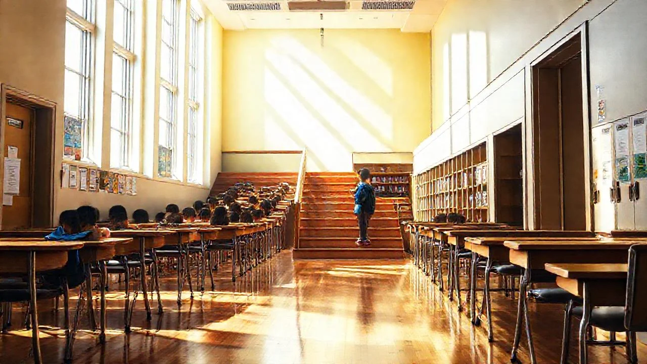 Un pasillo escolar ordenado y luminoso