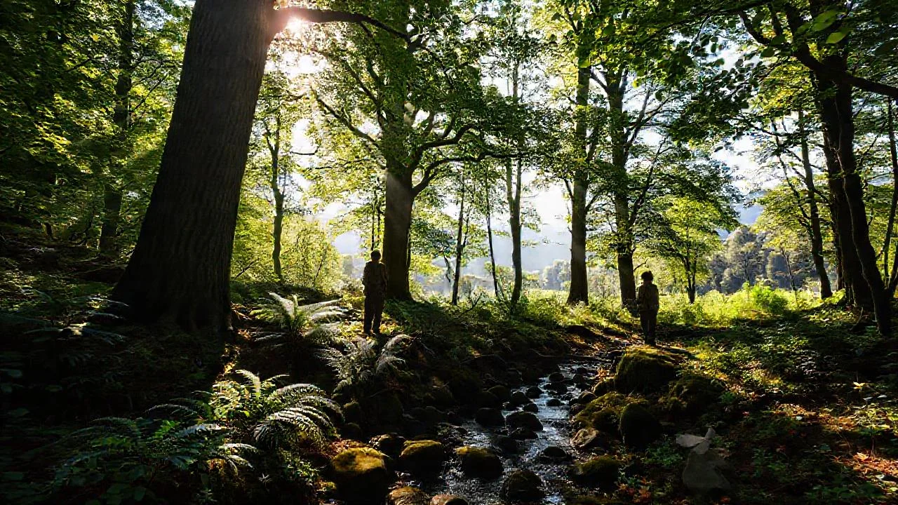 Un bosque tranquilo se ilumina sutilmente