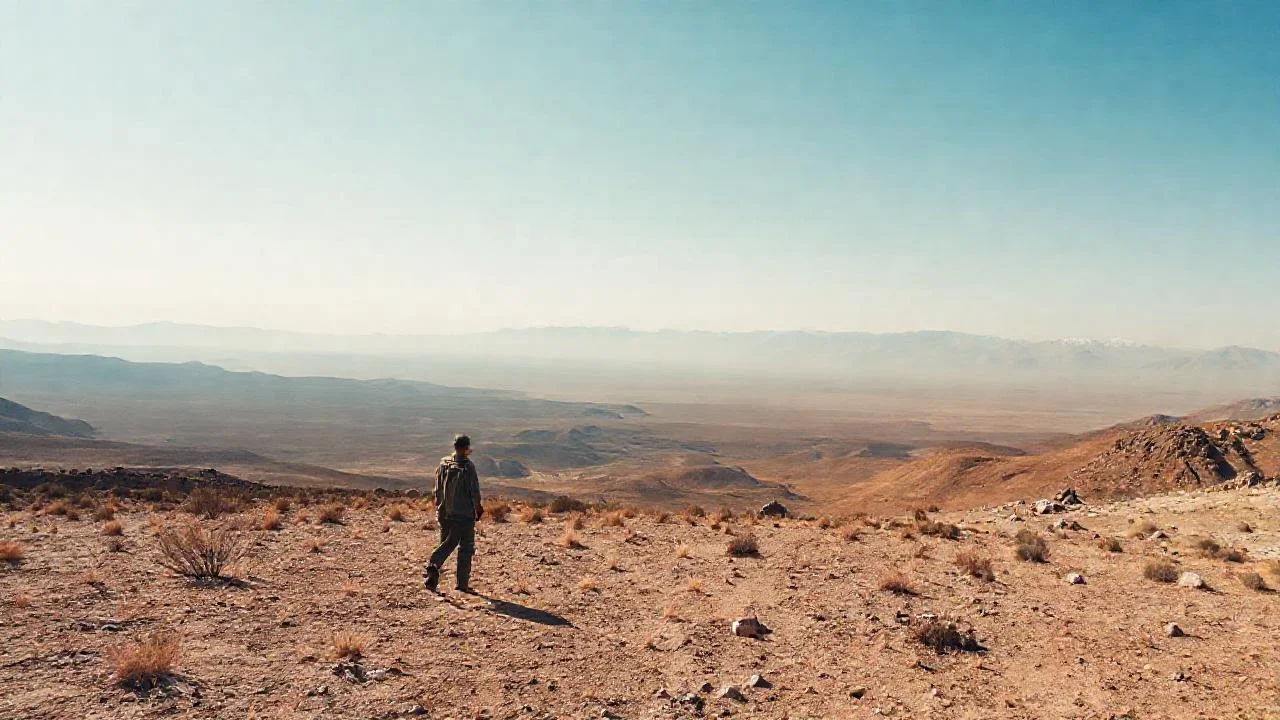 Un solitario caminante contempla un vasto paisaje árido