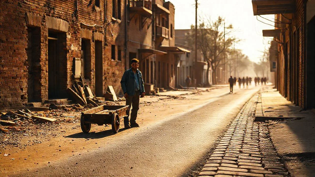 Calle polvorienta, luz dorada y caos