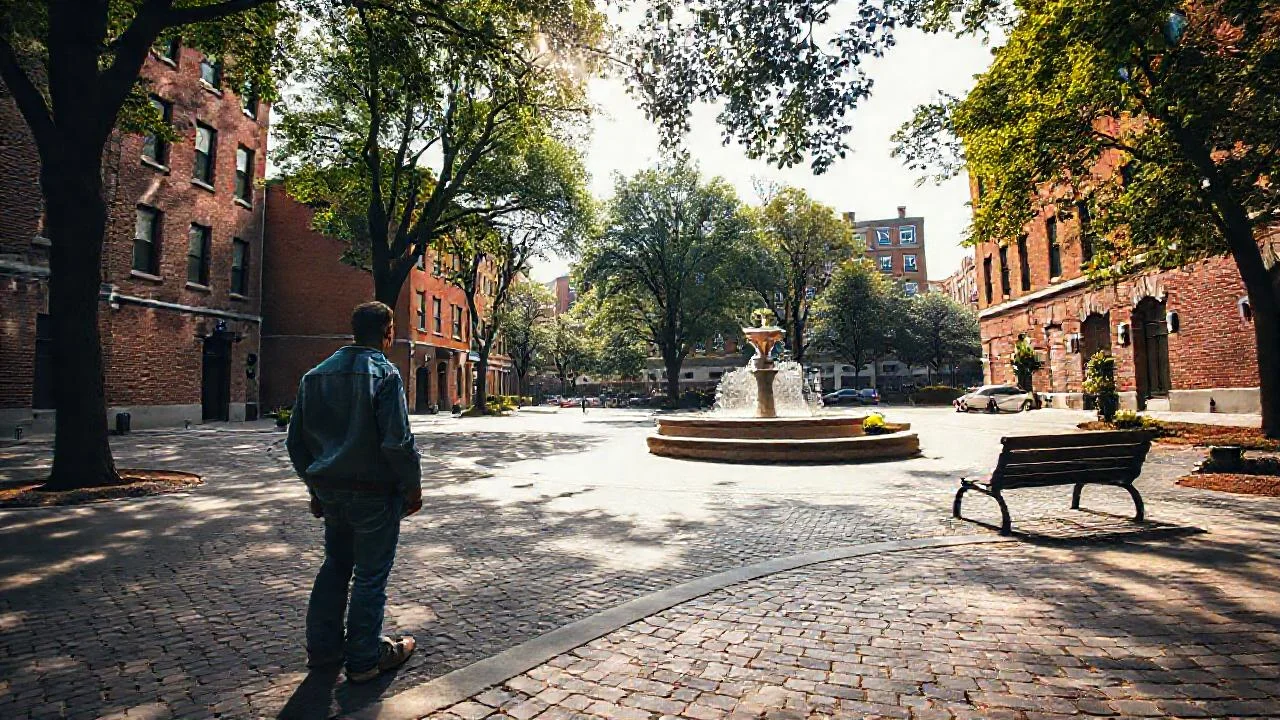 Plaza urbana tranquila, luz dorada y quietud