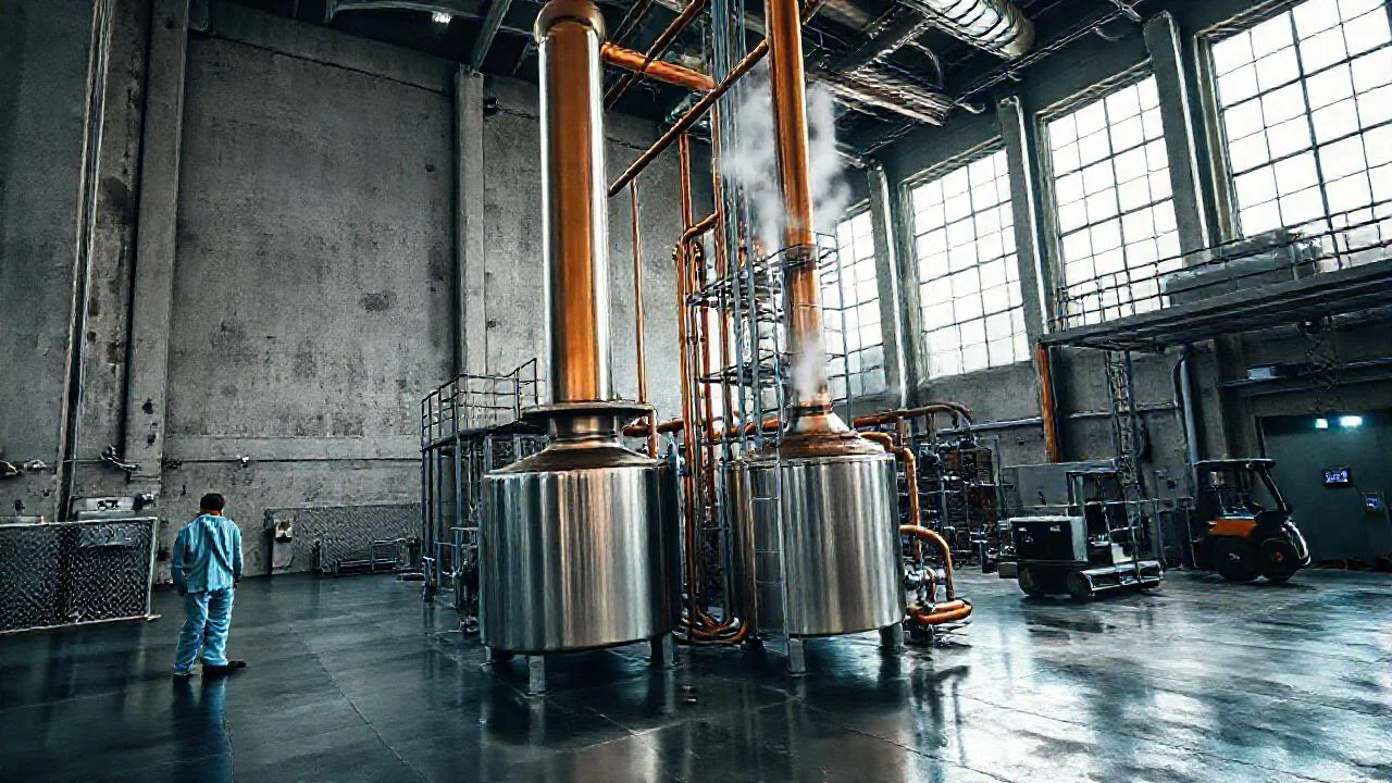 Un complejo industrial emite vapor y luz