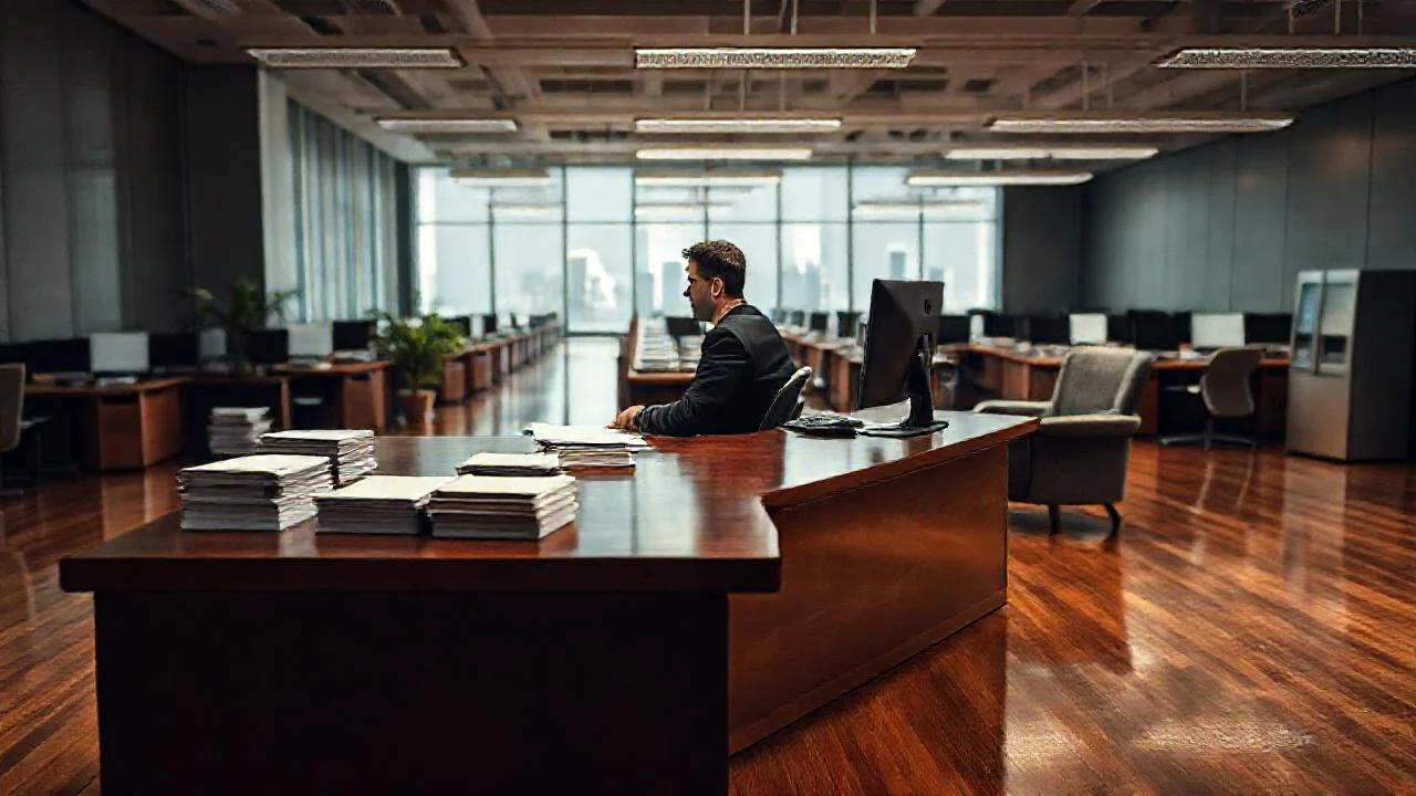Oficina moderna, concentración profesional y discreta