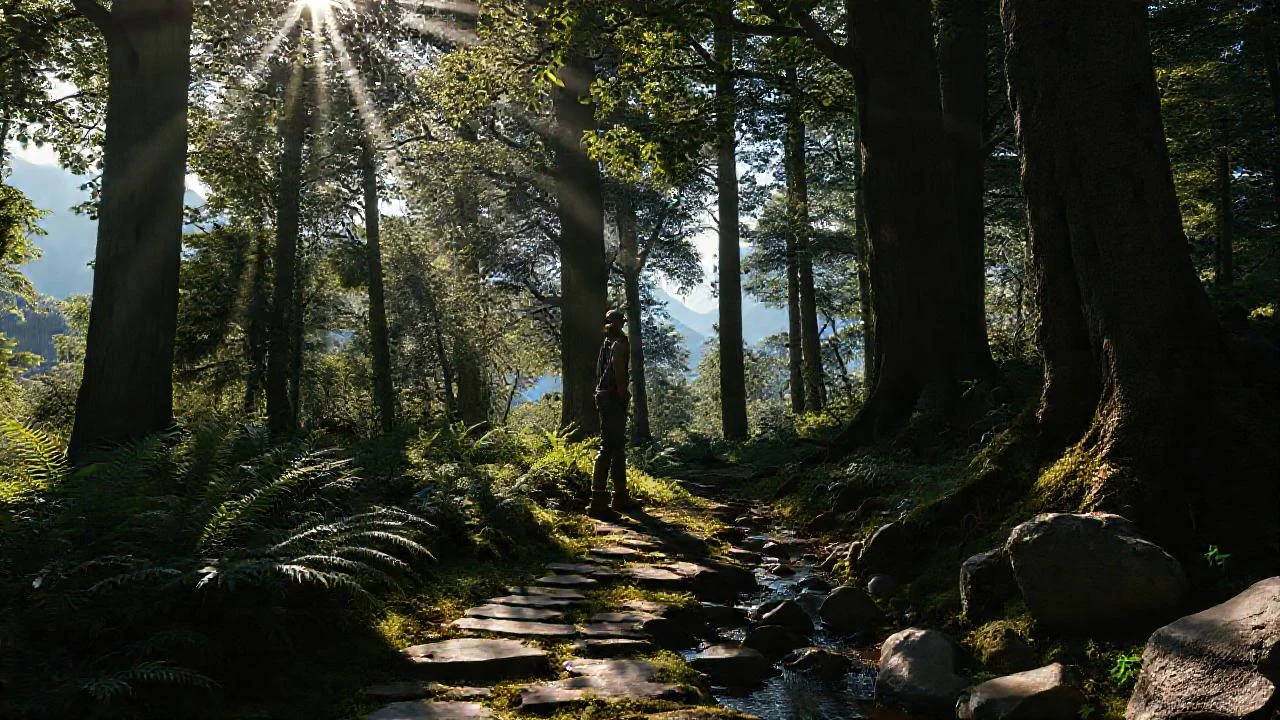 Silueta solitaria en bosque ancestral