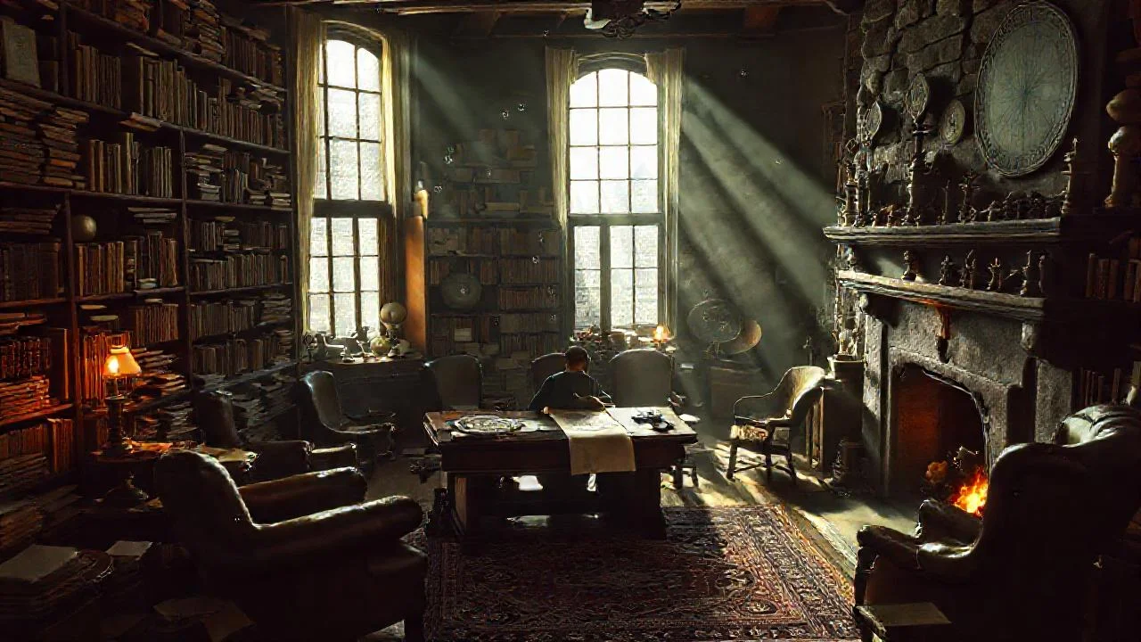 Un estudio antiguo, iluminado y misterioso