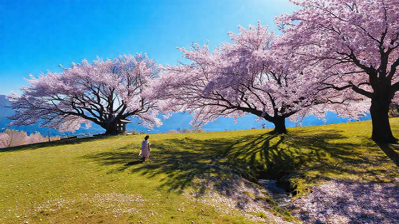 Un tranquilo paisaje de cerezos florecientes