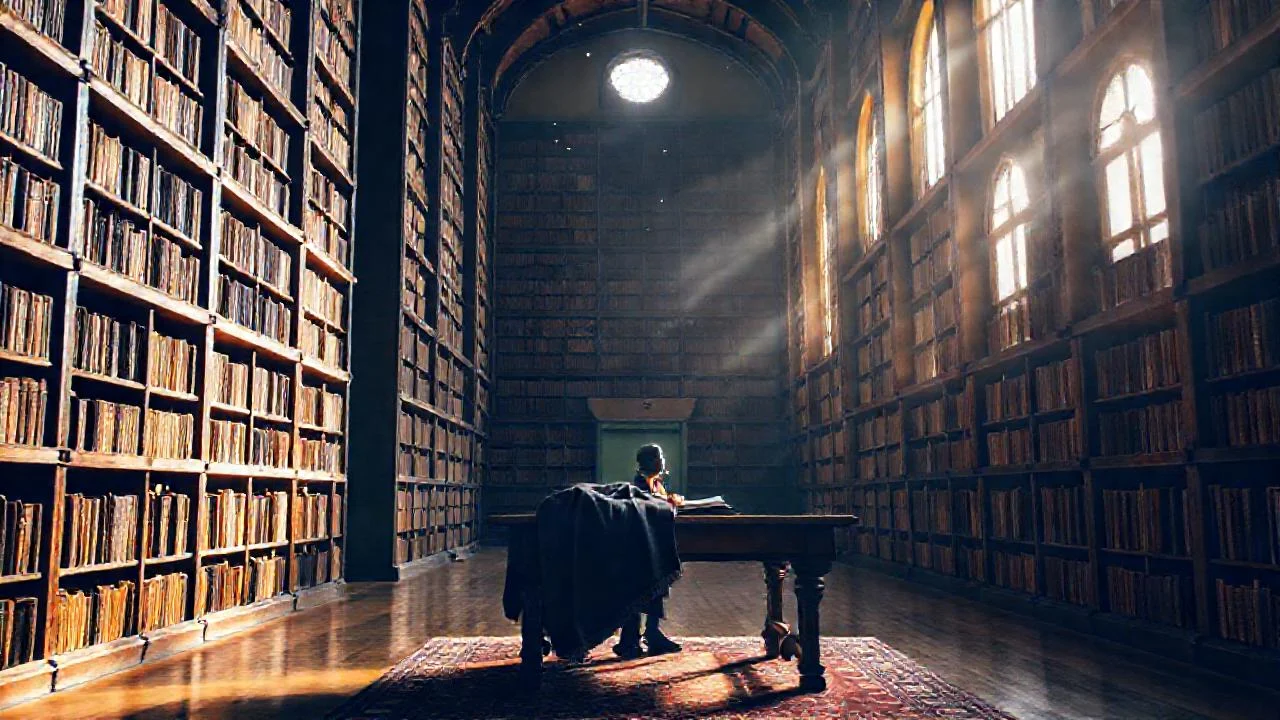 Biblioteca silenciosa, luz y sombras cálidas