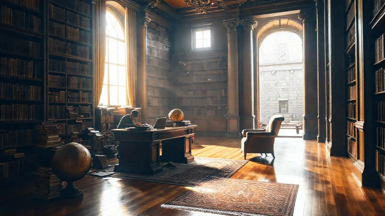 Biblioteca antigua, tranquila y luminosa