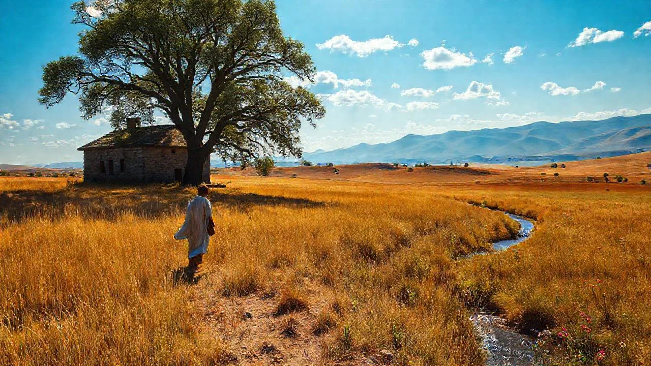 Un viajero camina en un campo sereno