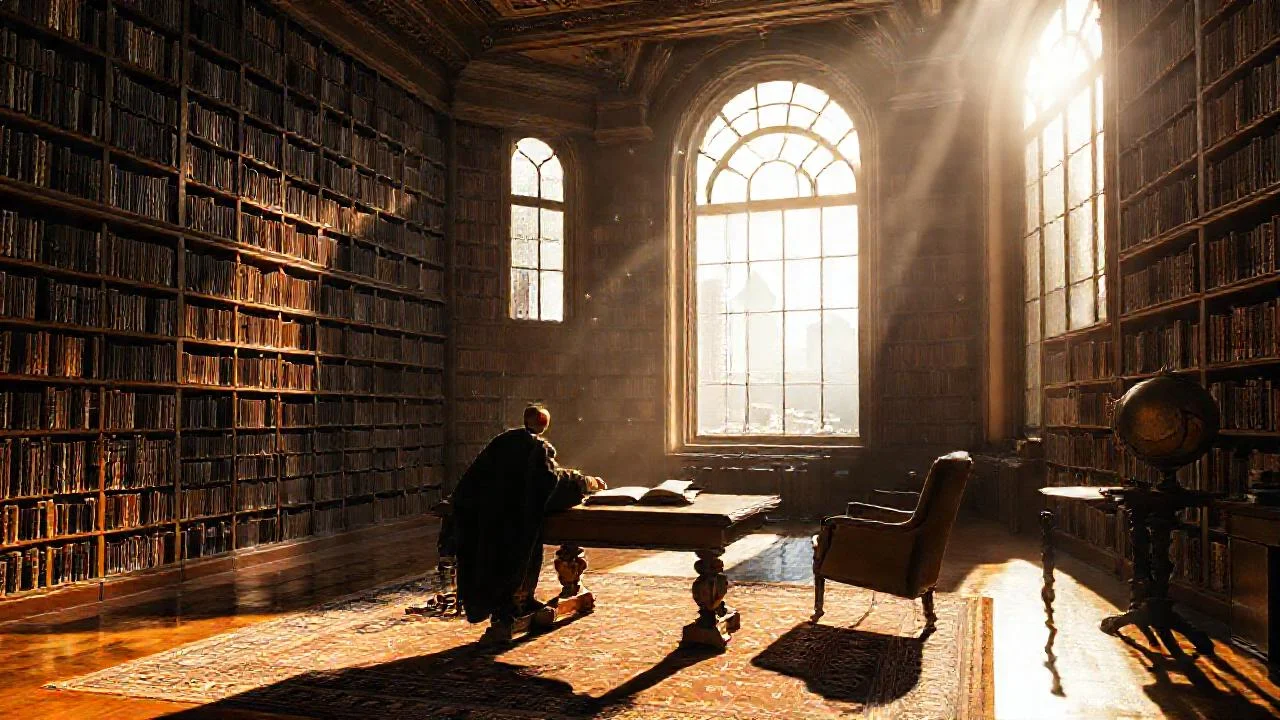Biblioteca antigua, silencio y reflexión