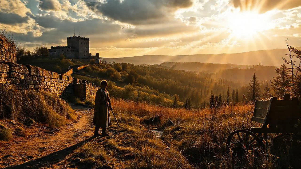 Un hombre contempla un paisaje medieval