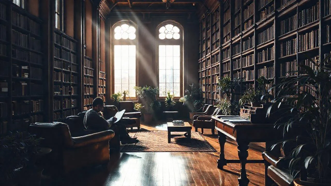 Una biblioteca tranquila y luminosa se revela
