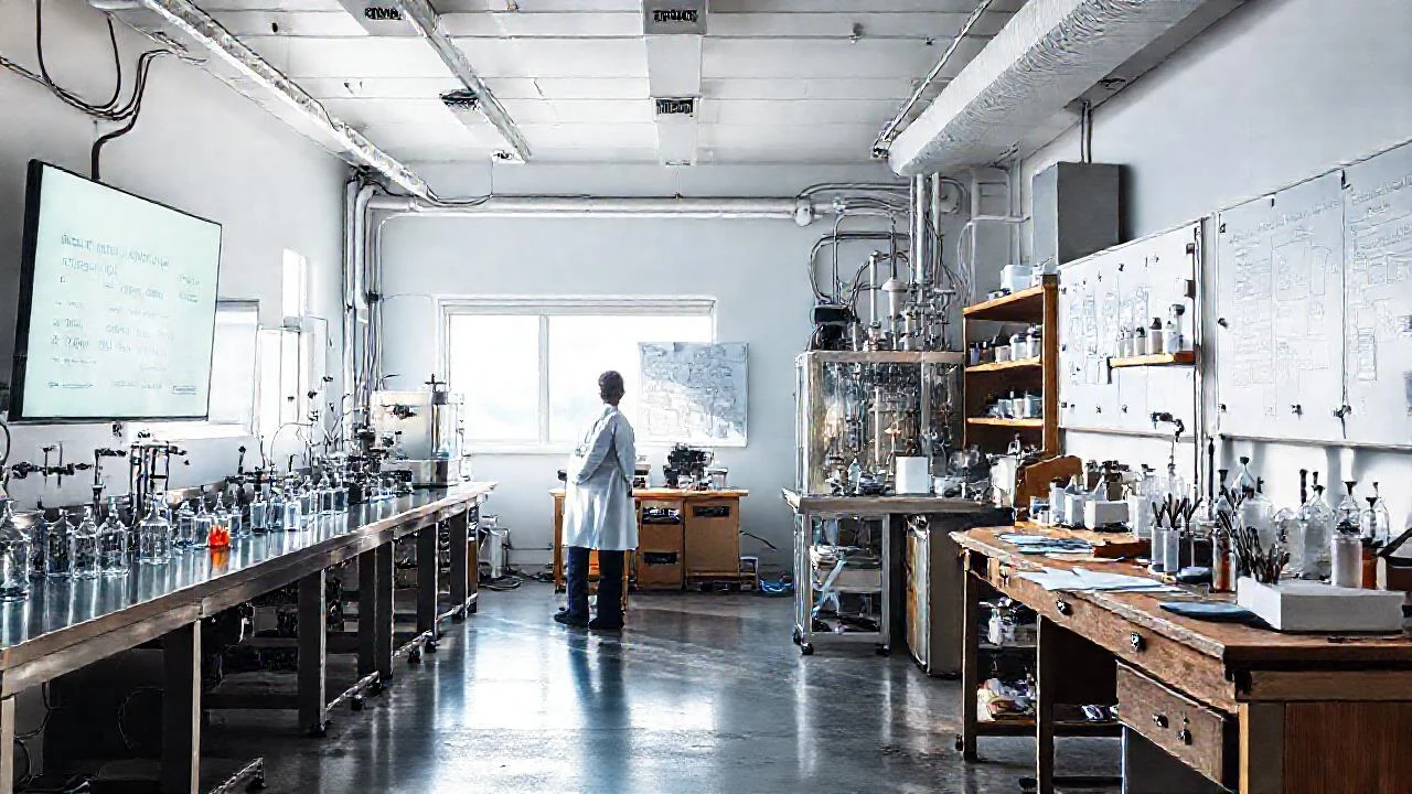 Laboratorio tranquilo, luz natural, ciencia compleja