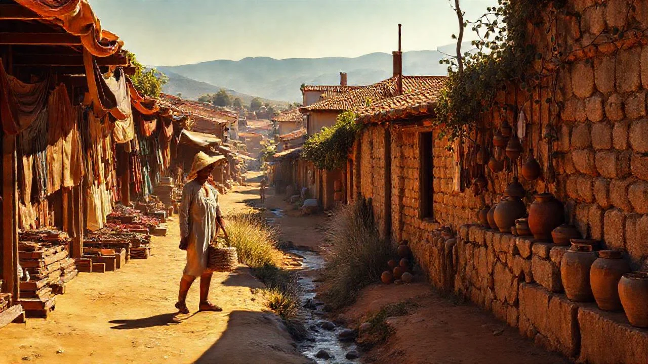 Mercado rural, luz cálida y vasta