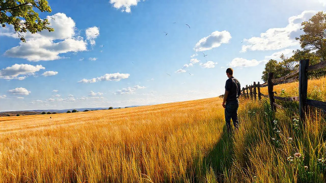 Campo tranquilo, figura solitaria y horizonte