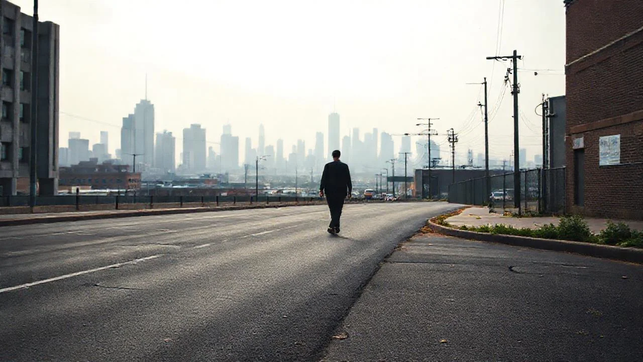 Ciudad sombría, figura solitaria y distante
