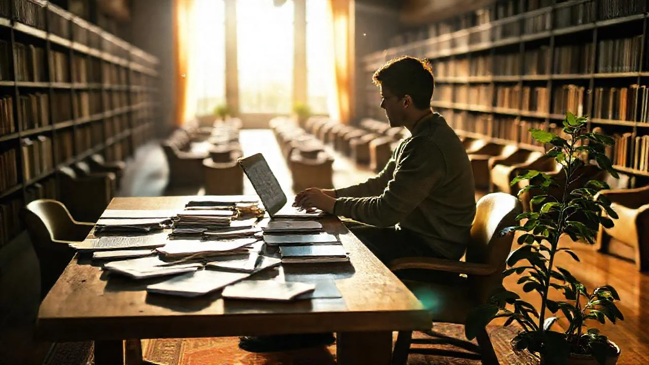 Un escritorio tranquilo, pensativo y lleno de trabajo