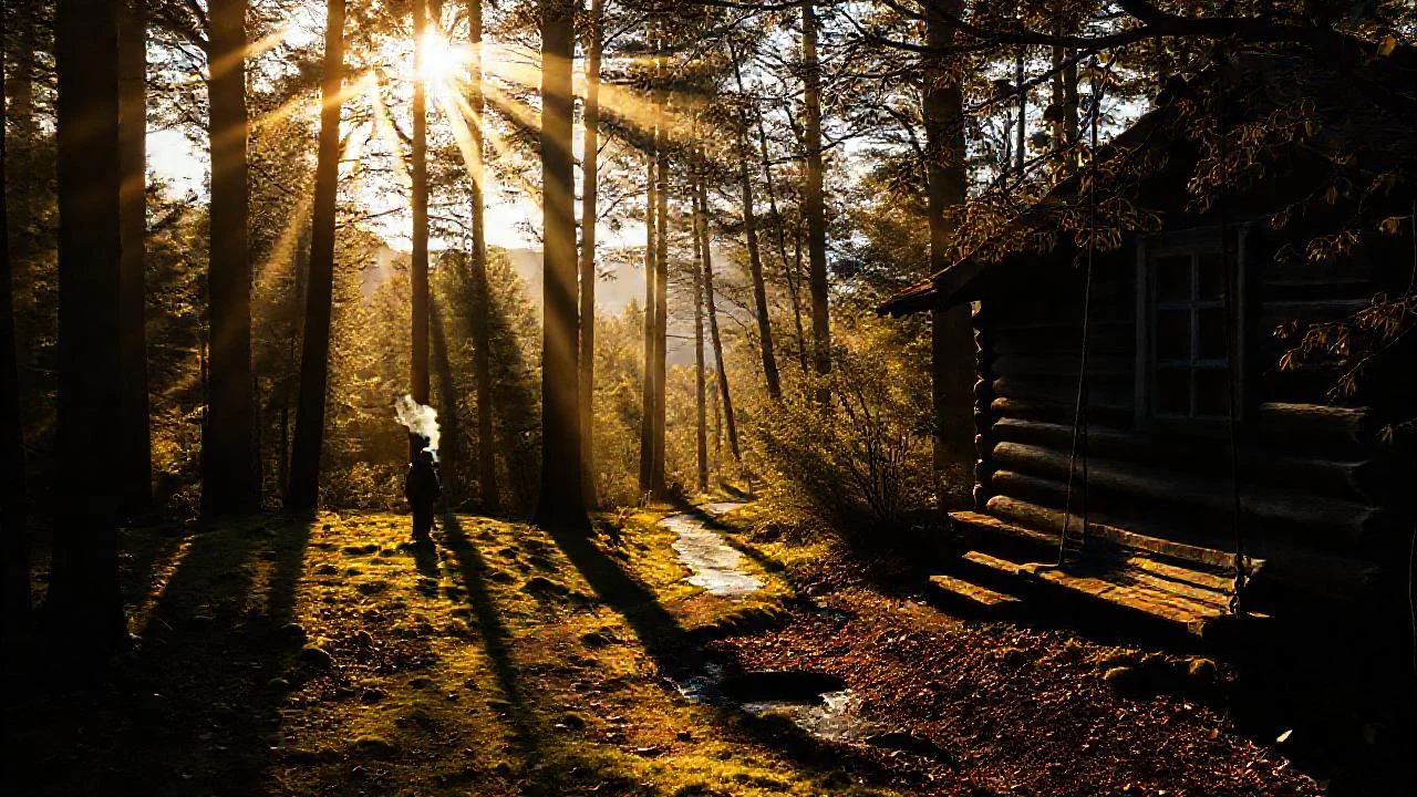 Tranquila cabaña, luz y bosque