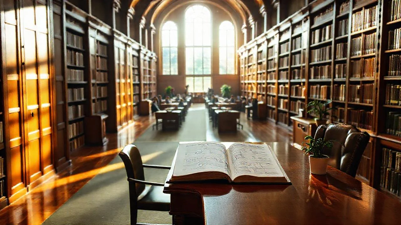 Biblioteca universitaria tranquila y repleta de estudio
