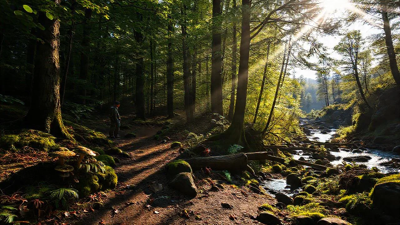 Bosque sereno, luz filtrada y misterio