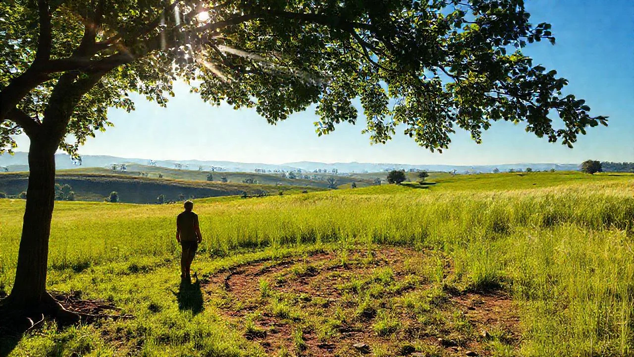 Un caminante recorre un campo iluminado