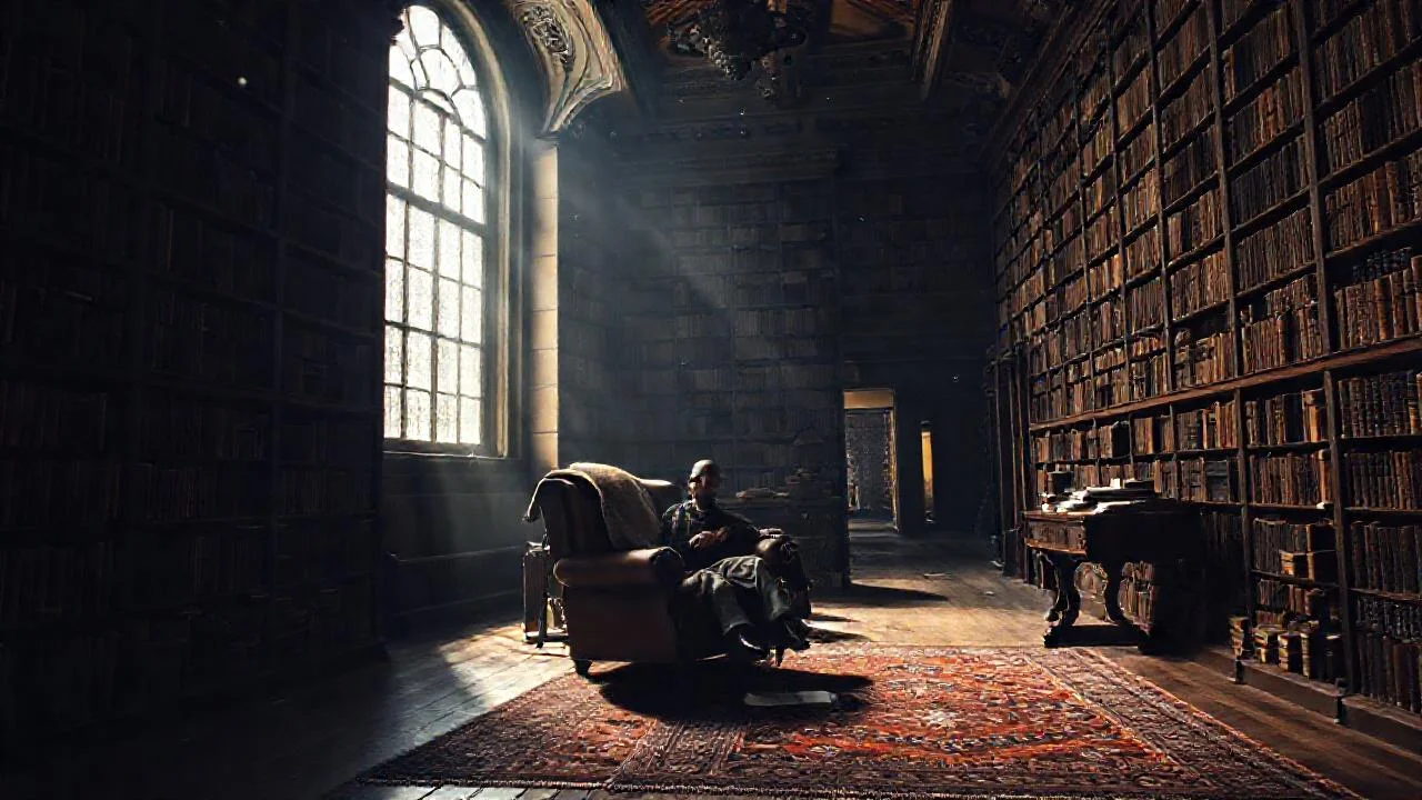 Un hombre reflexiona en biblioteca oscura