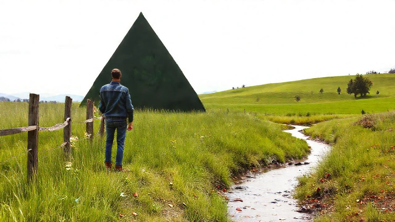 Figura solitaria observa triángulo en paisaje sereno