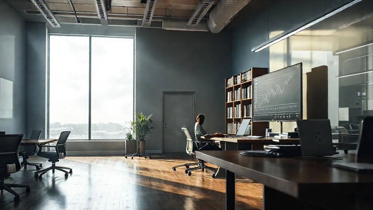 Oficina moderna, luz tranquila y enfocada