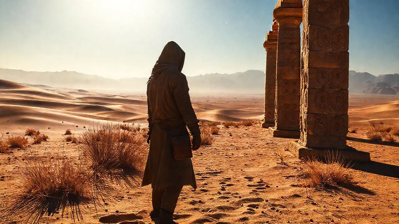 Desierto antiguo, figura solitaria y silencio