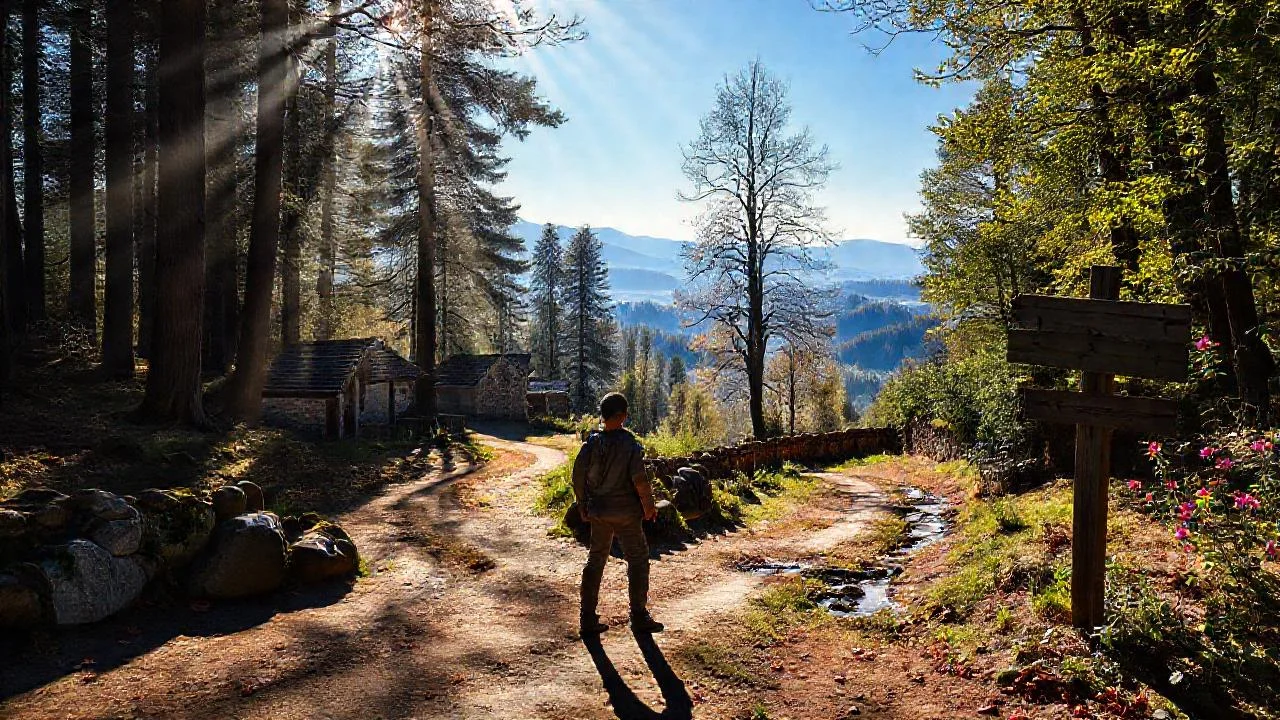 Un solitario aventurero explora un paisaje sereno
