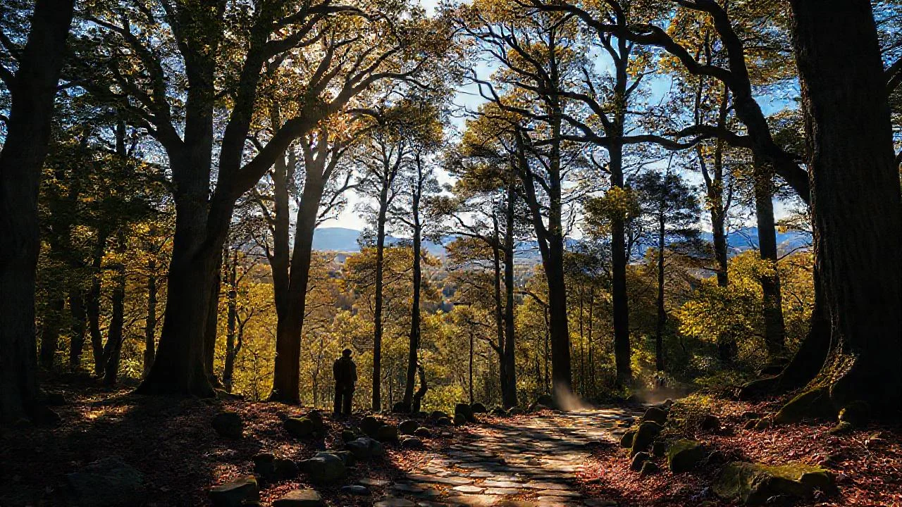 Bosque antiguo, luz y quietud