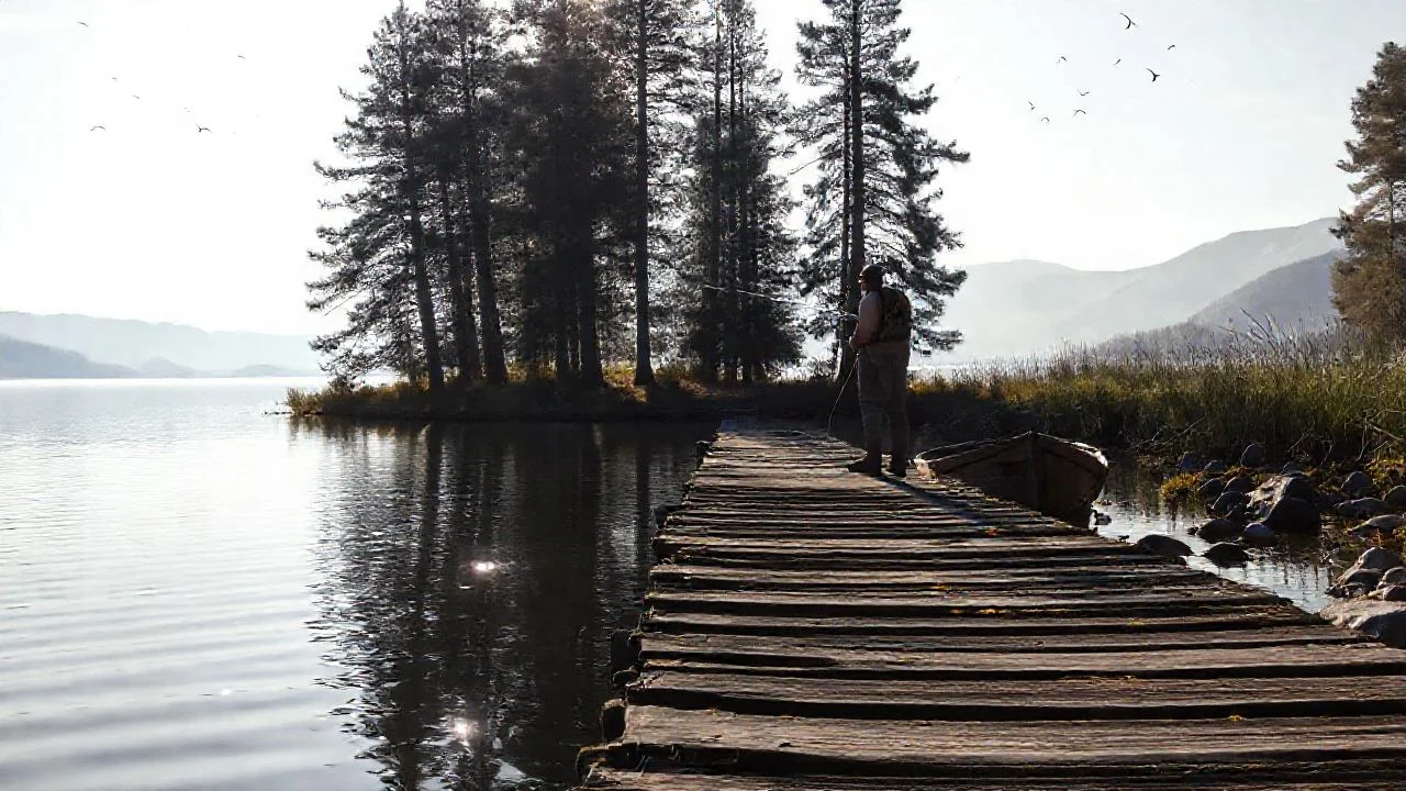 Un pescador espera en la quietud rural